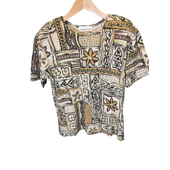 Vintage 90s Cathy Daniels Brown Patterned Round Neck Short Sleeve Top Sz M - Picture 1 of 6